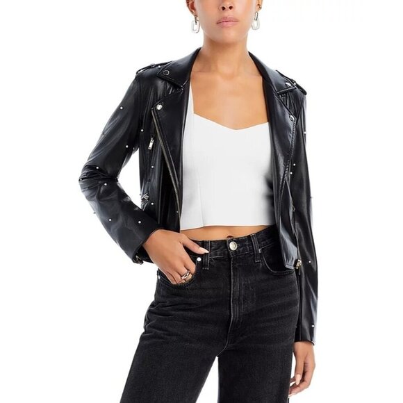 Generation Love Audrina Black Faux Leather Jacket w/ Pearls Size XS NEW Defect - Picture 3 of 13